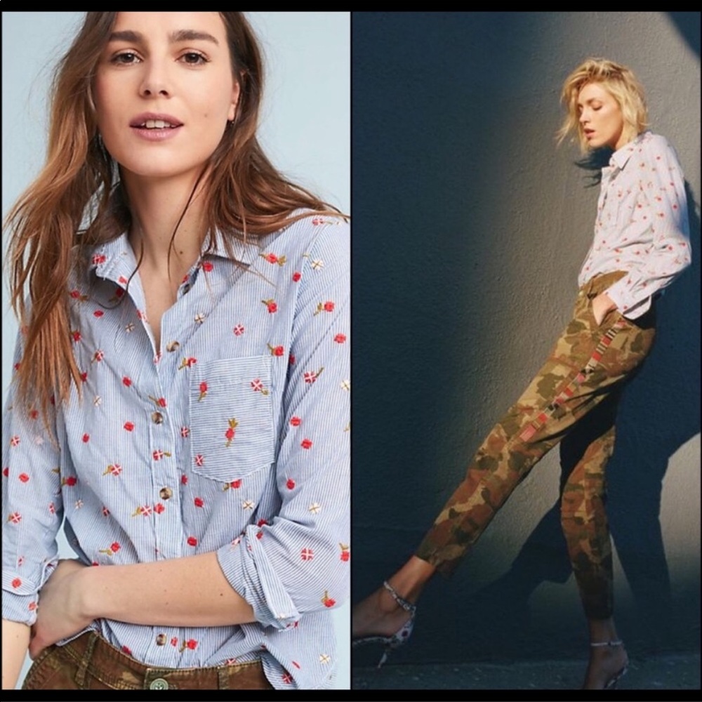 Maeve by Anthropologie Stripes Embroidered Blouse